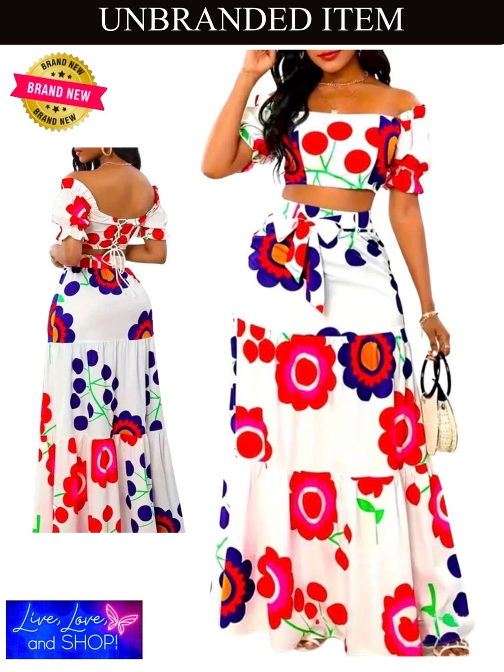 Floral Backless Lace-Up, Crop Top & Tie Waist Bodycon Tiered Skirt, NWOT